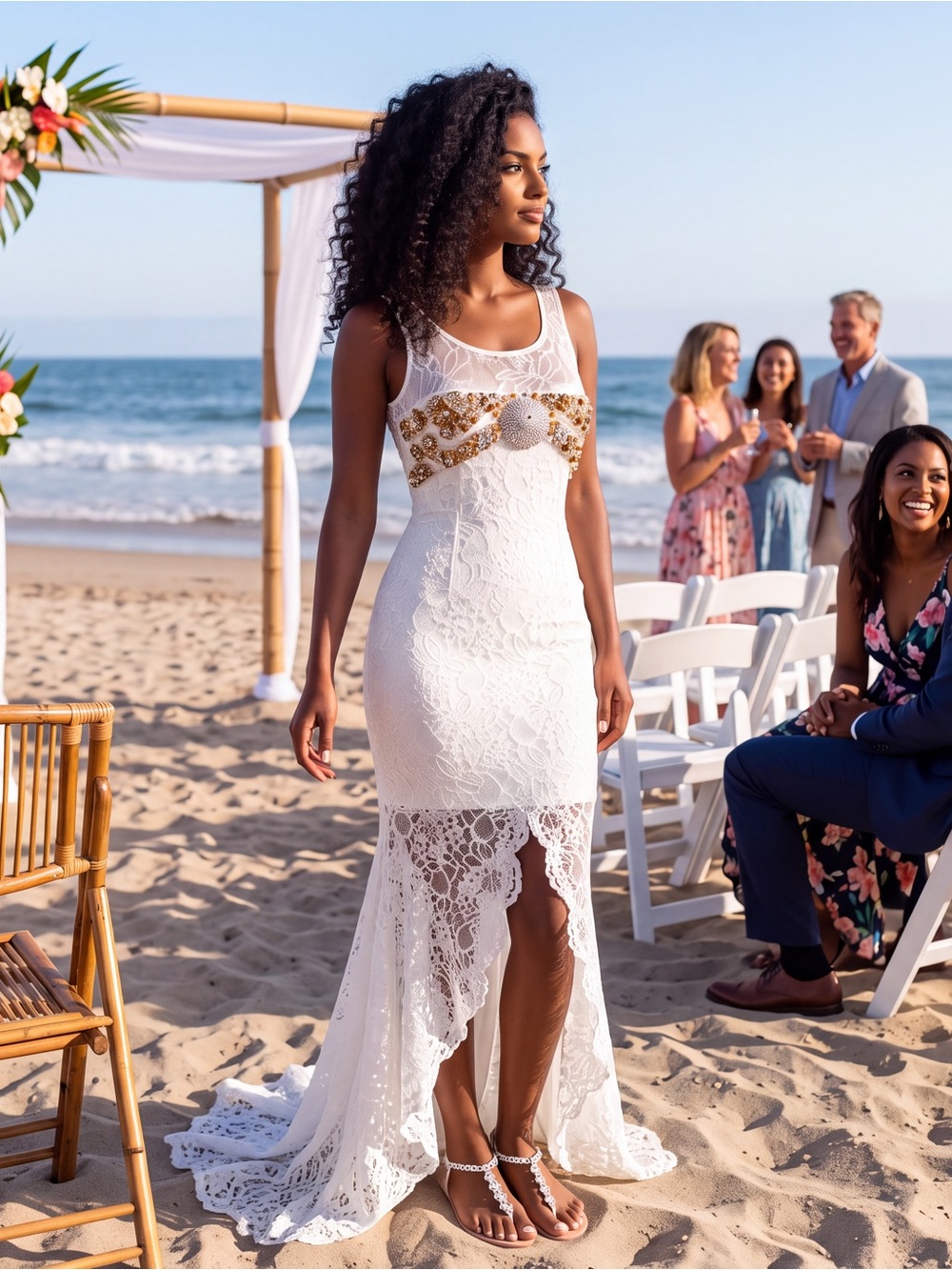 Ivory Lace High-Low Dress with Gold Beaded Waist